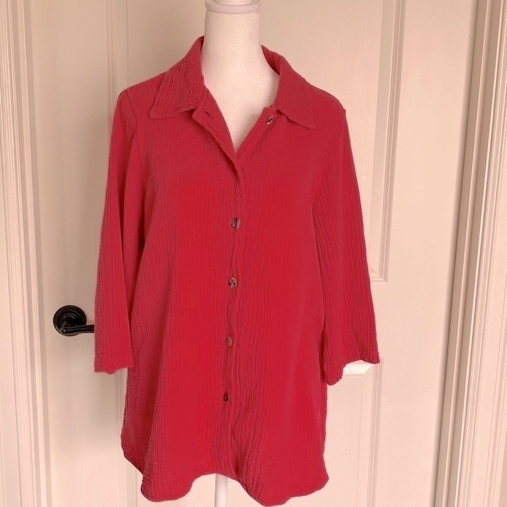 Color Me Cotton blouse Womens button up gauzey tunic shirt Coral Coastal Beach M